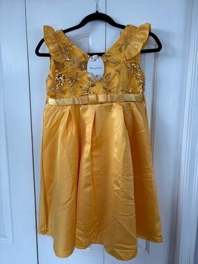 Girls' Gold Satin Sequin Formal Dress with Bow Waist